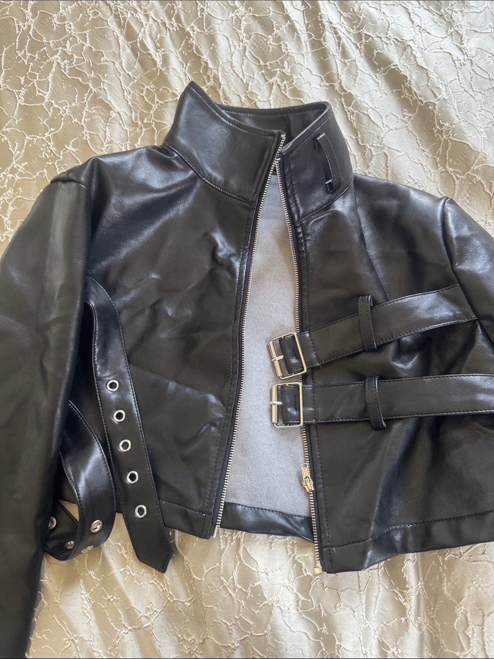 SHEIN Black Faux Leather Buckle Moto Jacket
